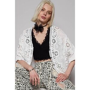 220.New POL Off White Crochet Lace Cardigan Roomy Floral Embroidery One Size S-L